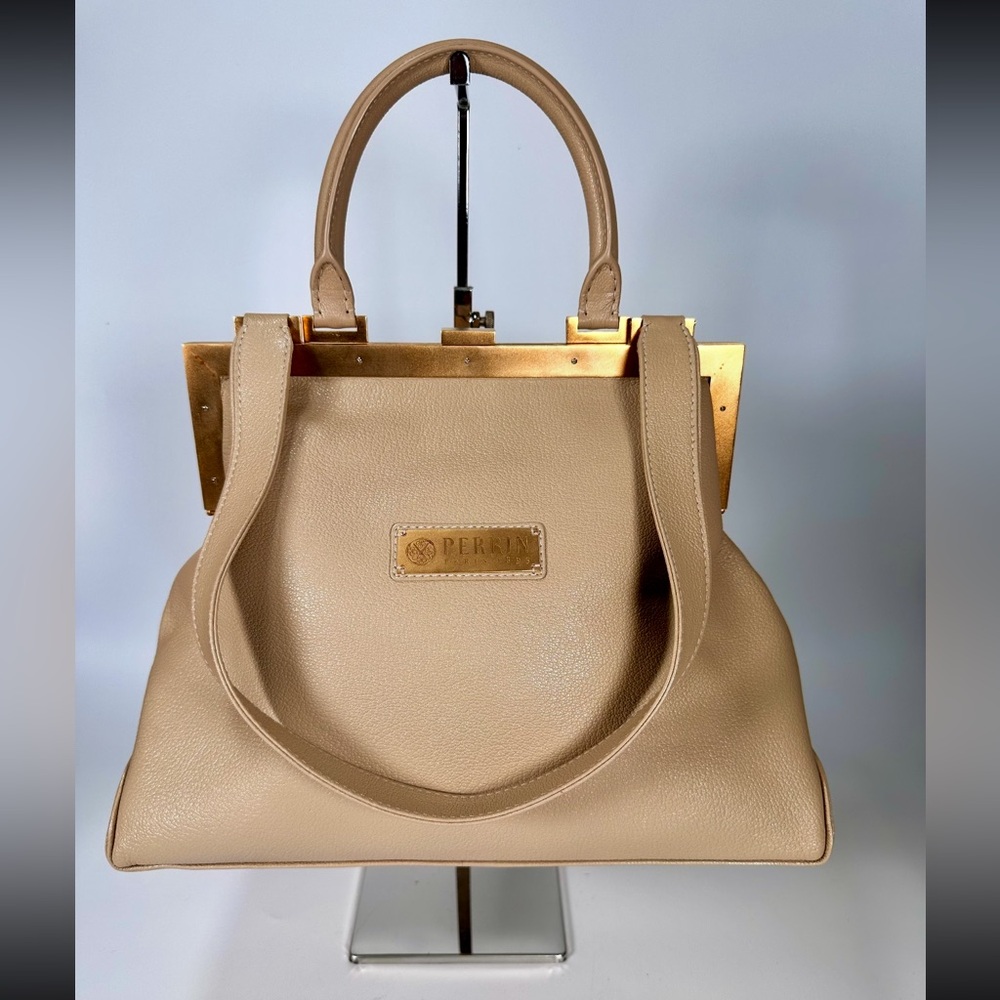 Perrin Paris Leather Glove Clutch Top Handle/ Shoulder Bag in Beige/Taupe